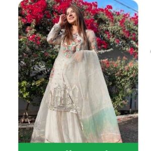 Nikah Pakistani Cream and Gold Embroidered dress sharara  with mirror work